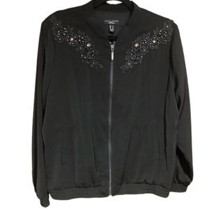 Susan Graver Artisan lined zip up jacket with beaded lace shoulder detailing.
